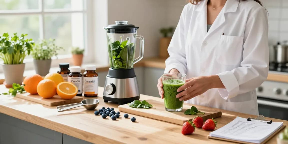 Preparing antioxidant supplements in vibrant health kitchen across Canada.