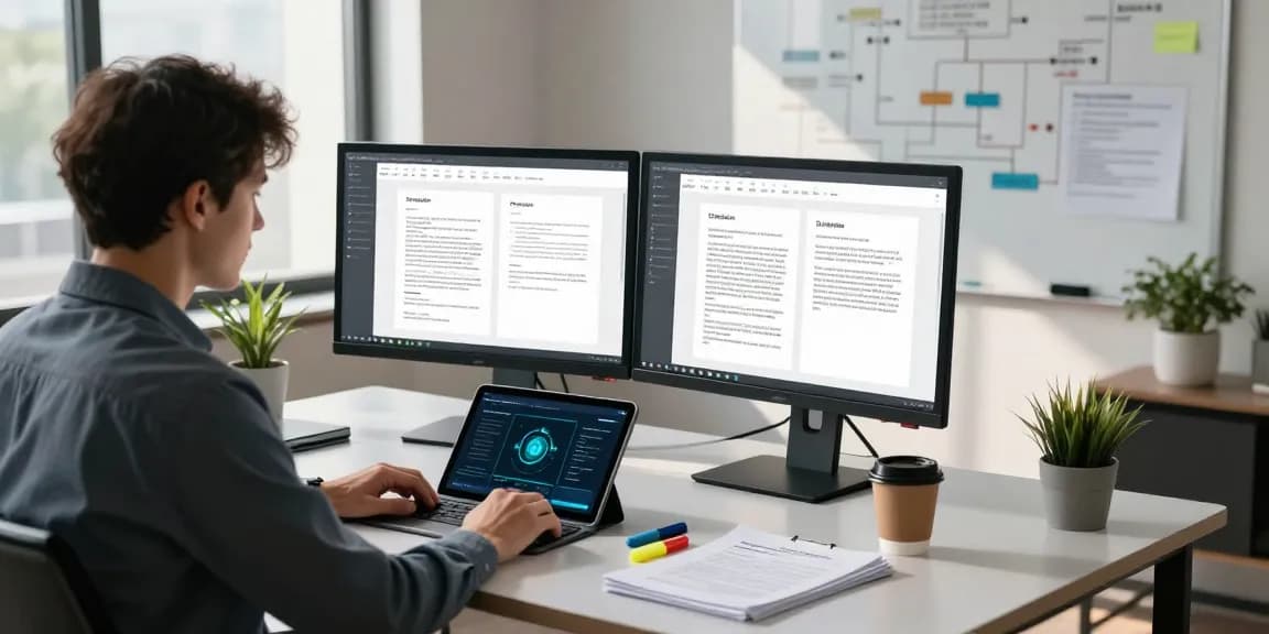 Expert professional detecting fake PDF documents in a modern workspace with advanced technology.