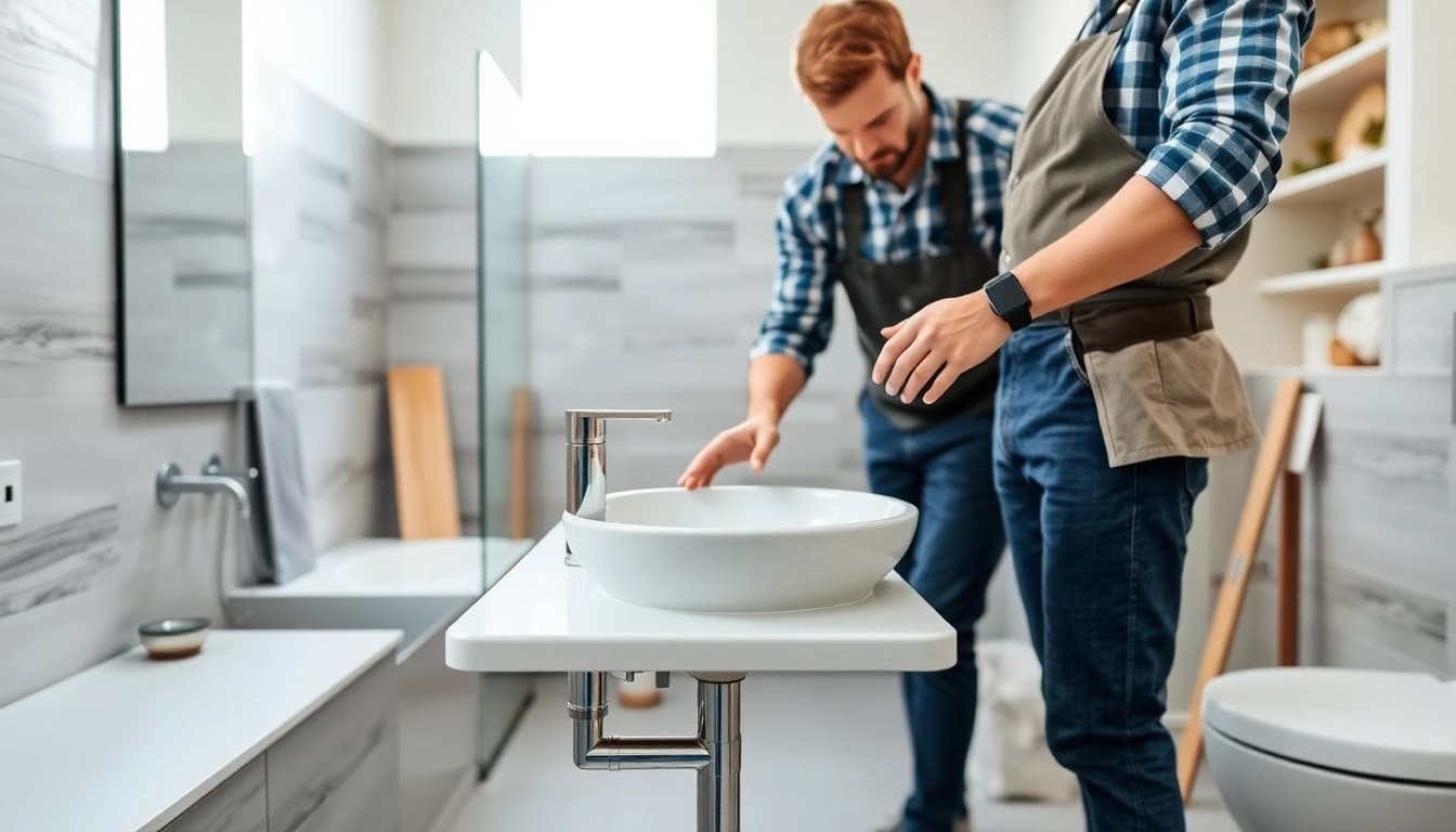 Bathroom remodelers installing fixtures in a stylish and modern restroom.