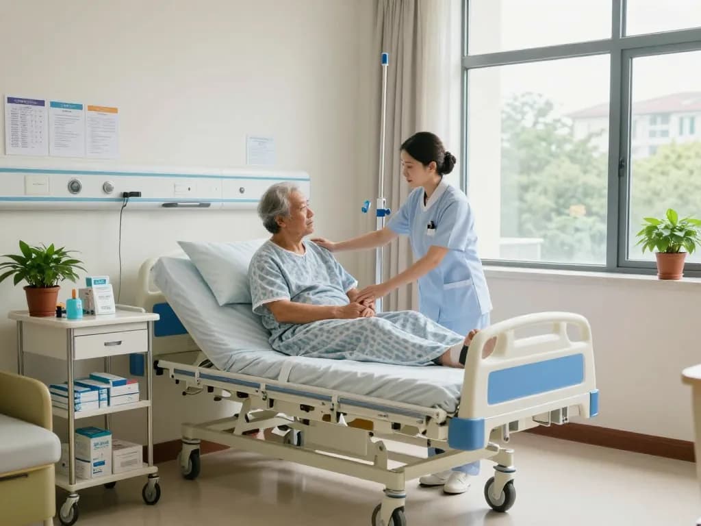Modern giường bệnh nhân in a hospital room, equipped for patient comfort and care.