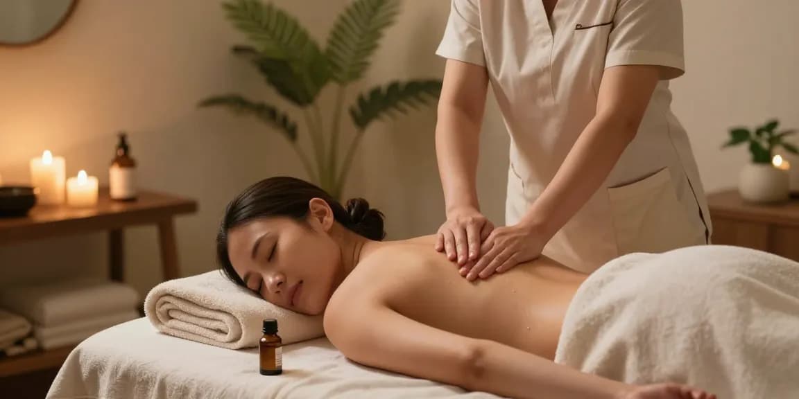 Massage therapy session with a therapist performing 마사지 in a tranquil spa setting with soothing ambiance.