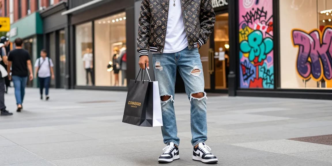 Stylish individual showcasing trendy 레플리카 clothing in an urban street setting.