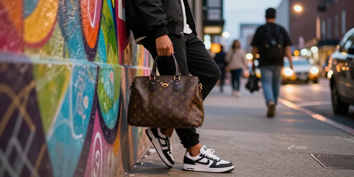 Stylish individual showcasing luxury replica handbag in vibrant urban street setting.