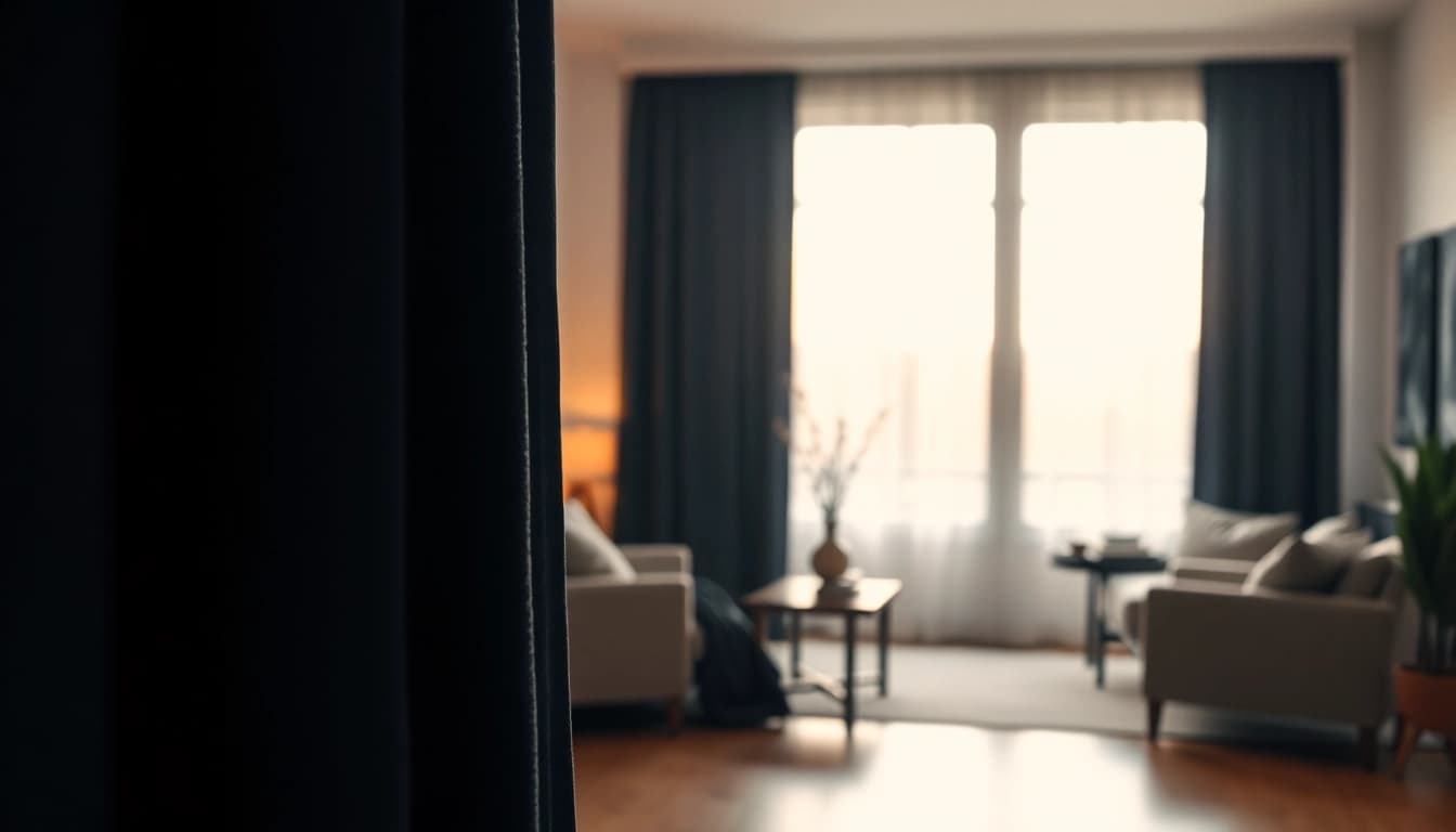 Verduisterende gordijnen in een stijlvolle kamer die een warme sfeer creëert.