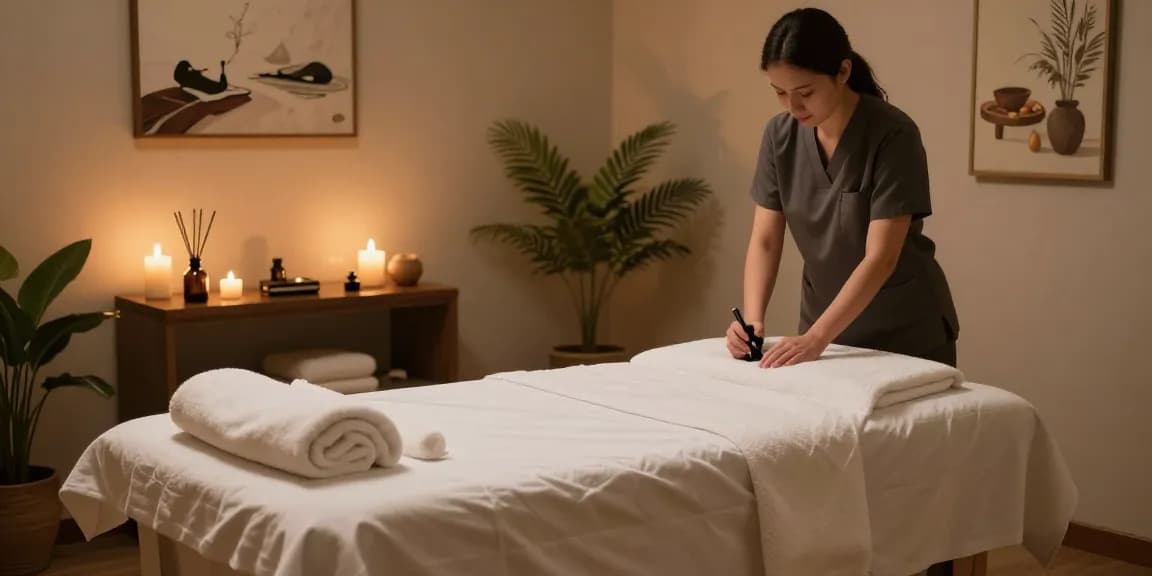 1인샵 massage therapy room with serene setup, calming ambiance, and soothing decorations.