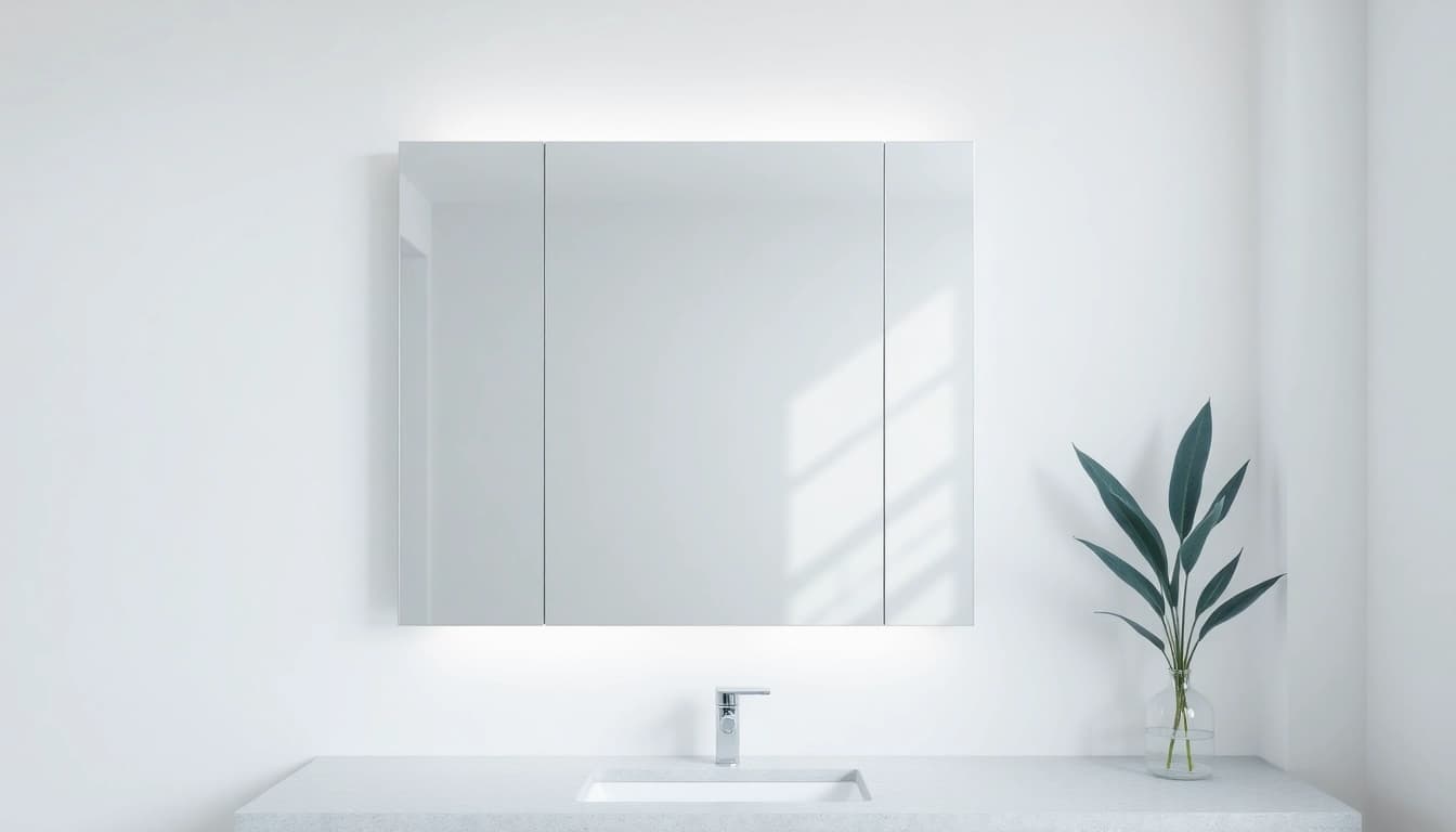 Showcase of a mirrored bathroom cabinet with light illuminating a stylish bathroom.