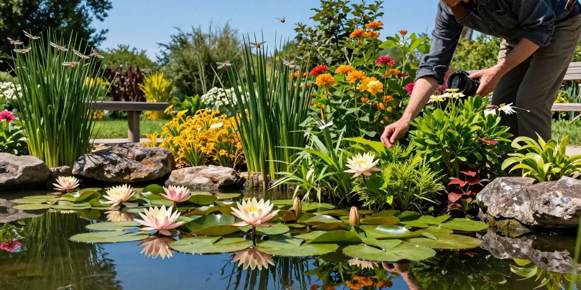 Stunning water lilies bloom in a serene garden pond, showcasing nature's beauty.