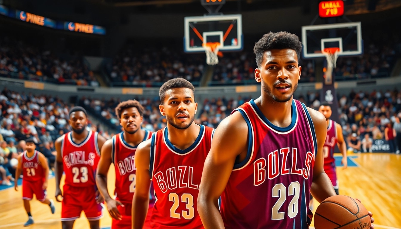 nba중계에서 경기 중인 선수들이 역동적인 움직임을 보이는 장면