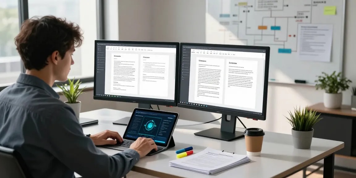 Expert professional detecting fake PDF documents in a modern workspace with advanced technology.