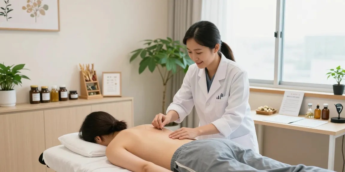 Therapist at 수원한의원 performing acupuncture in a warm treatment room with herbal remedies.
