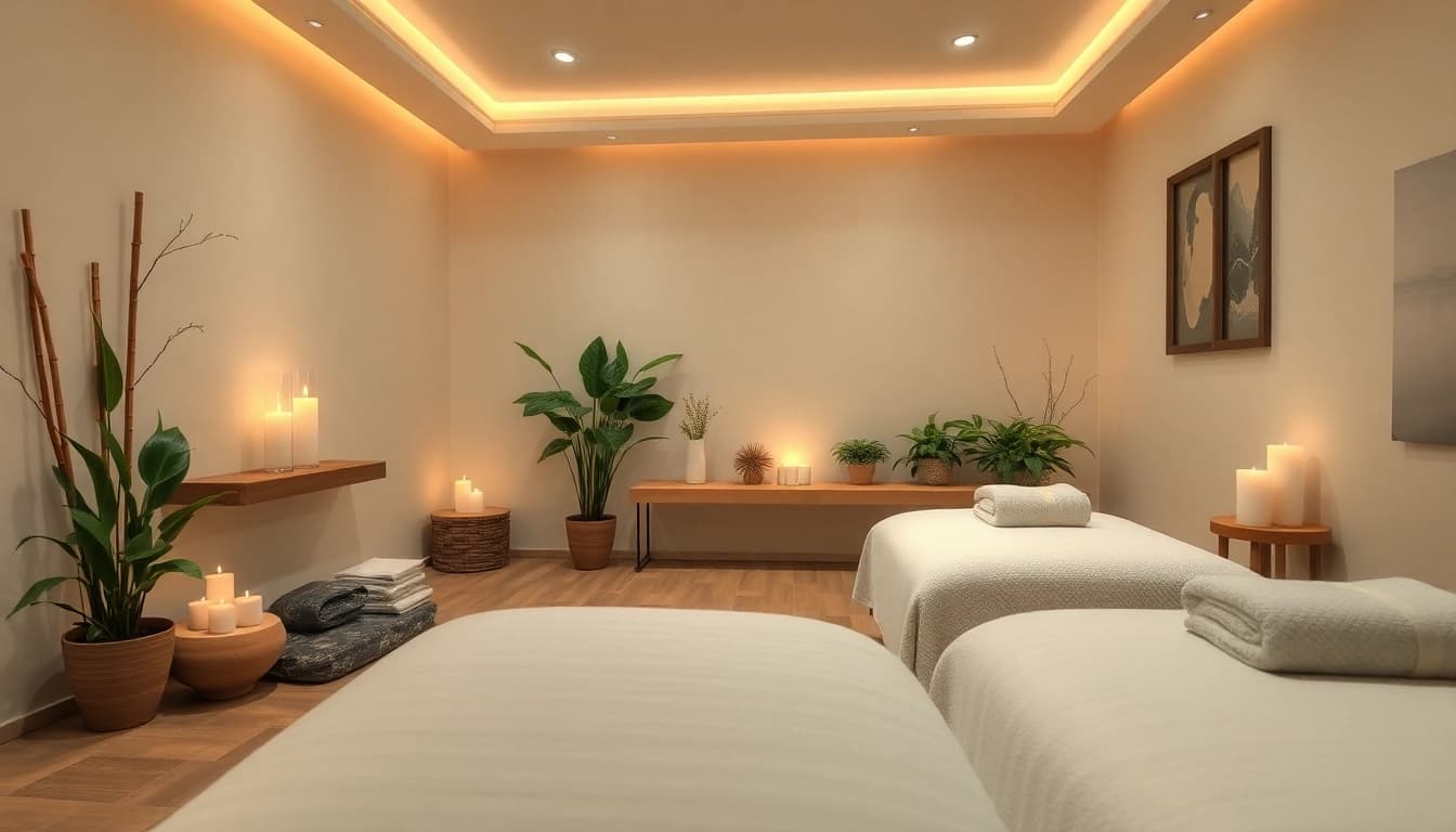 부드러운 조명과 차분한 장식이 있는 편안한 하남마사지 치료실.