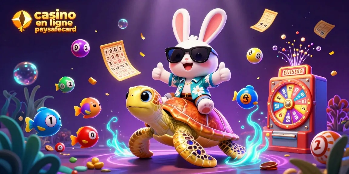 Découvrez le casino en ligne paysafecard avec un adorable lapin chanceux sur une tortue dorée.