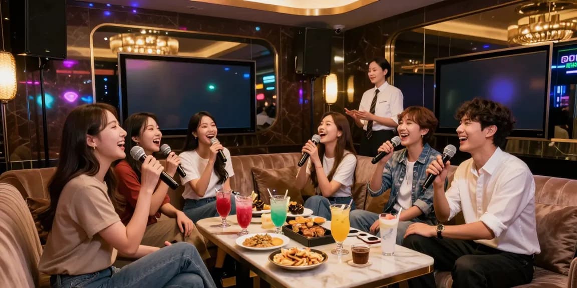 Experience the vibrant nightlife at 강남가라오케 with friends, enjoying luxurious drinks and singing in a private room.