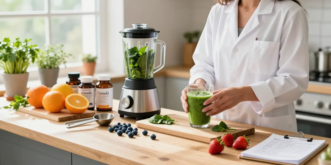 Preparing antioxidant supplements in vibrant health kitchen across Canada.