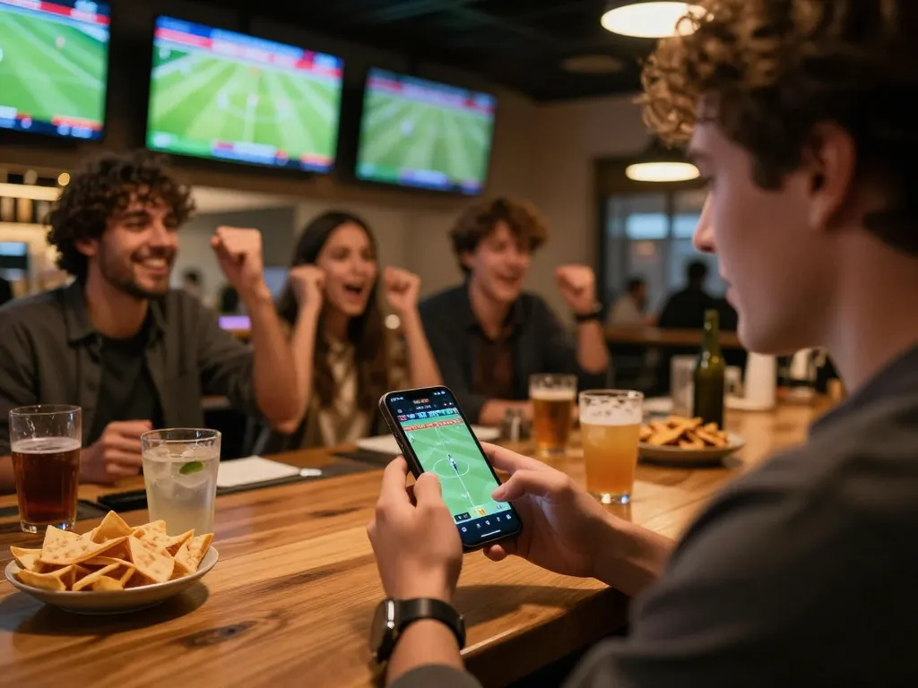 Person engaging with F168 mobile app for live sports betting, surrounded by lively sports bar atmosphere