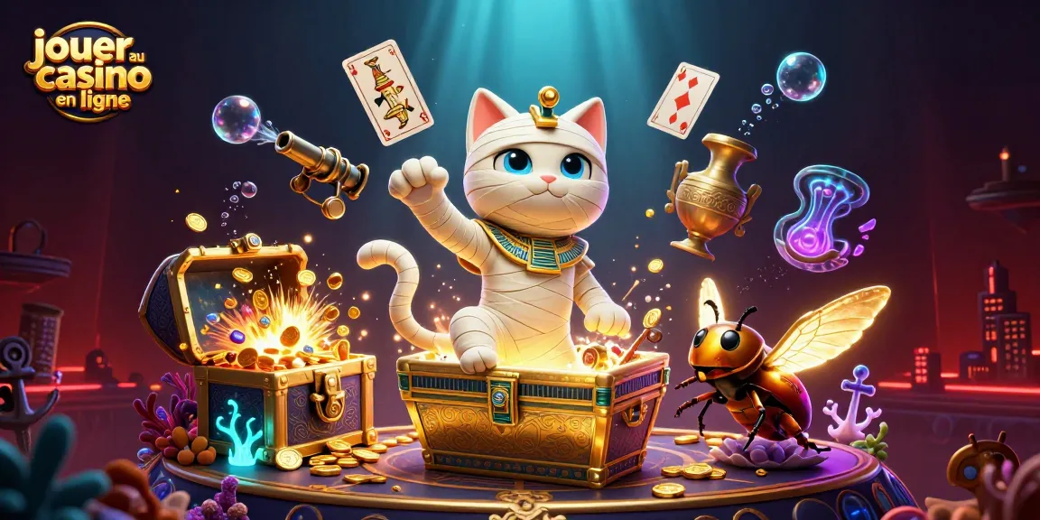 Jouer au casino en ligne avec un chat momie égyptien et un scarabée, dans un décor animé.