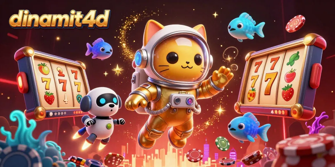 Spin and win with dinamit4d, featuring a captivating 3D cartoon scene of a space astronaut cat and a robot dog amidst vibrant casino elements.