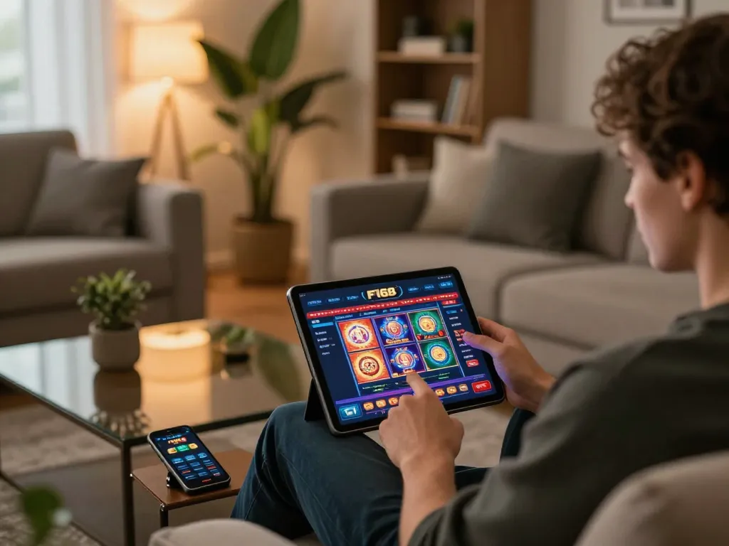 Player engaging with F168 casino games on tablet in cozy living room atmosphere