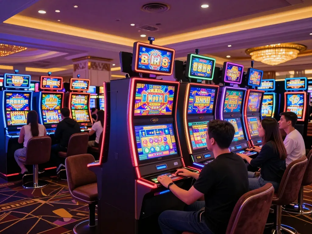Engaged players spinning reels on colorful slot machines in a vibrant casino setting.