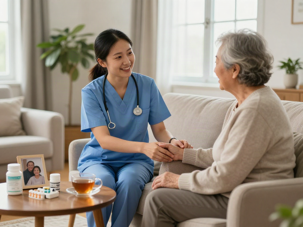 Caregiver assisting senior client in cozy living room, highlighting the bonus new member benefits of compassionate home care services.