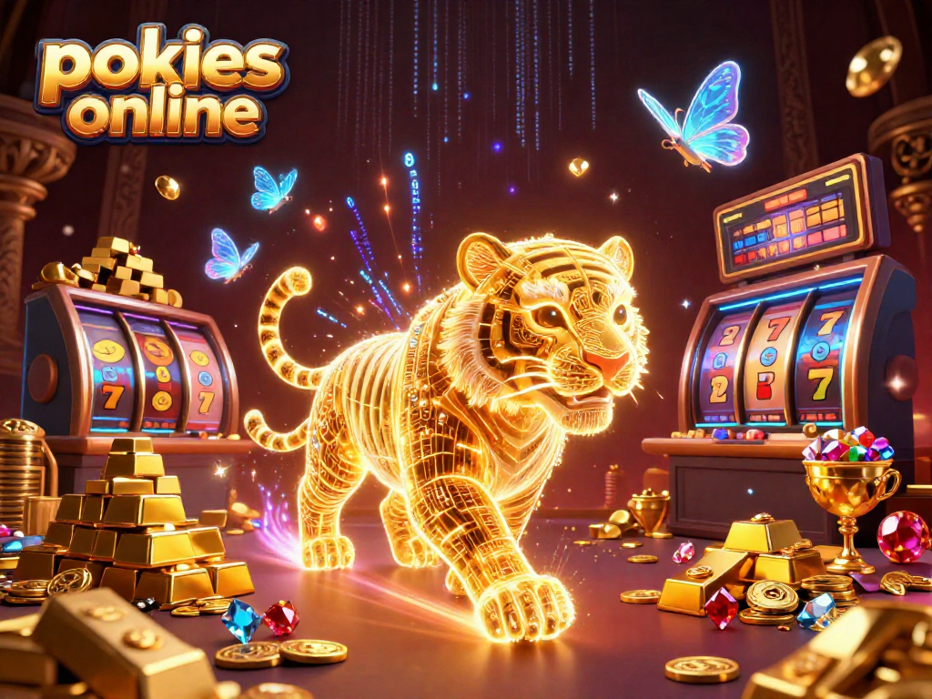 Experience thrilling pokies online with a neon-wireframe tiger and golden treasures in a vibrant casino.