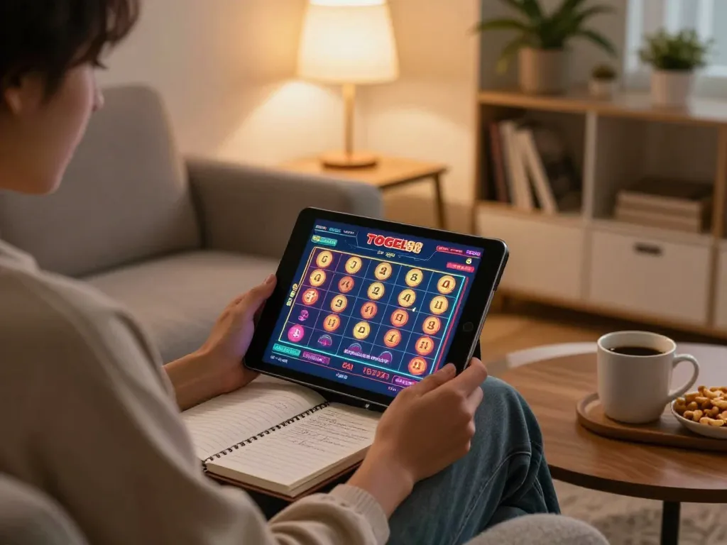 Engaged player using TOGEL88 online gambling app on tablet in a cozy home setting.