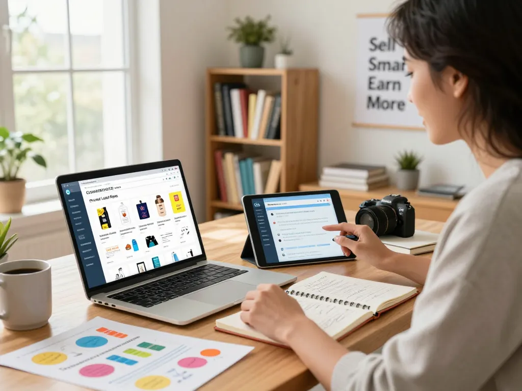 Buy Private Label Rights Products from an engaging online marketplace with a focused entrepreneur reviewing options and feedback in a stylish home office.