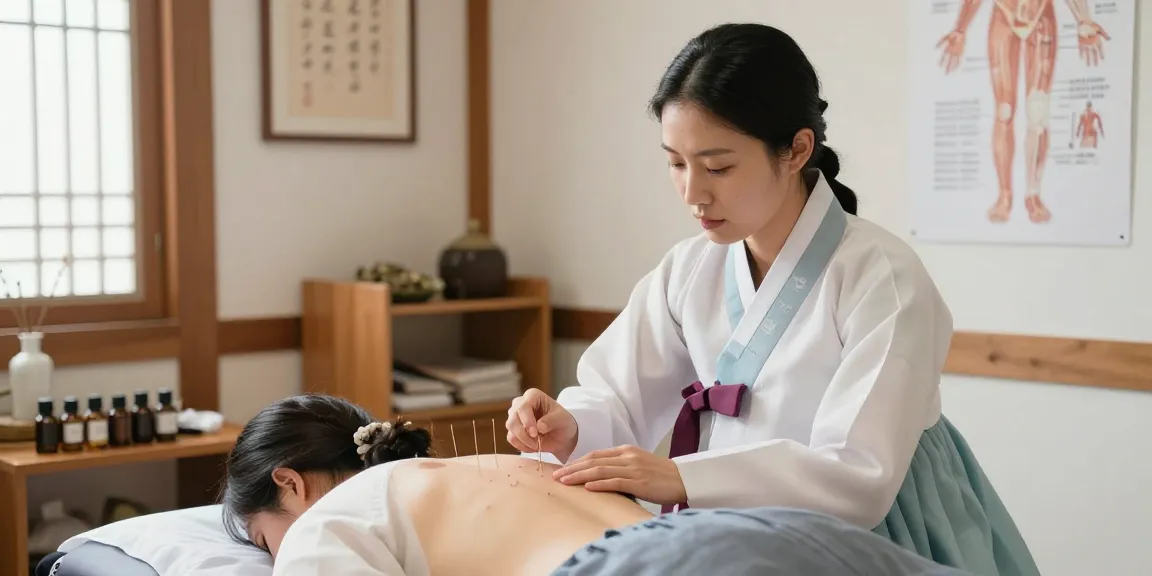 수원교통사고한의원 professional treatment scene with acupuncture in soothing clinic.