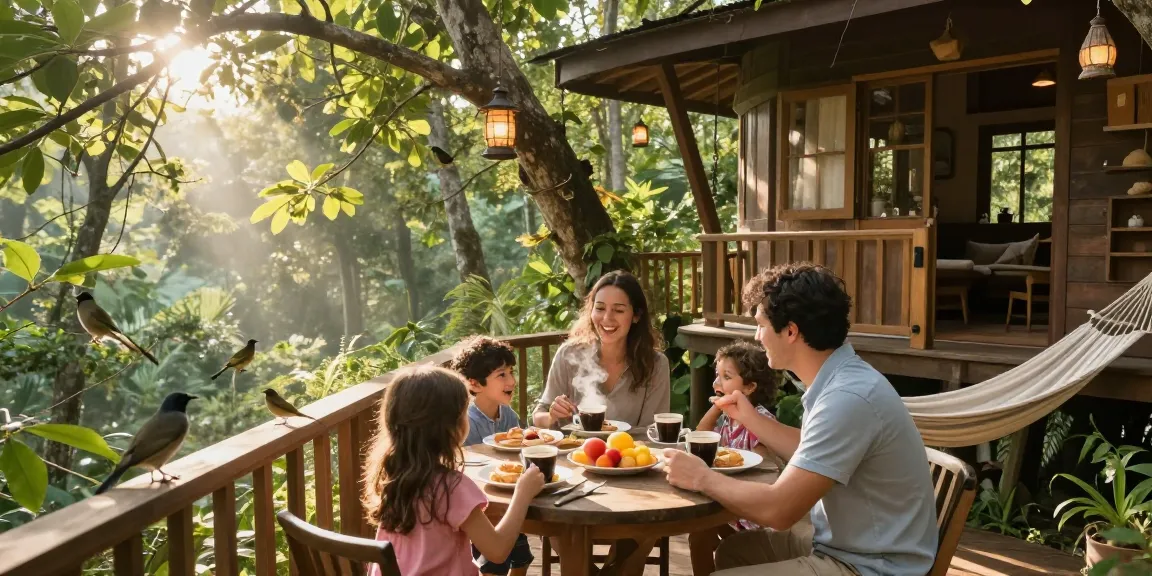 Family enjoying breakfast in a treehouse surrounded by lush forest greenery.