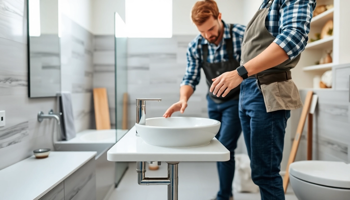 Bathroom remodelers installing fixtures in a stylish and modern restroom.