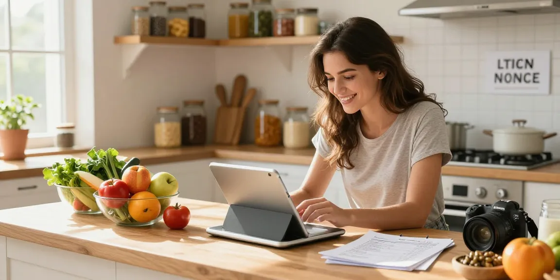 Engaged user logging meals with the best macro tracker in a sunlit kitchen filled with fresh ingredients.