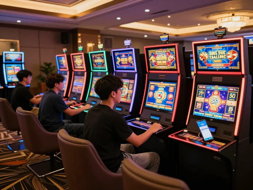 Engaging gameplay on situs slot thailand app at a modern virtual casino with vibrant slot machines.