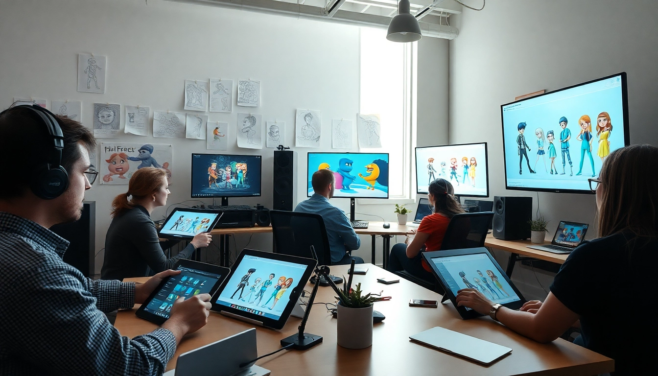 3D Animation artists collaborating in a studio, showcasing character designs on vibrant screens.