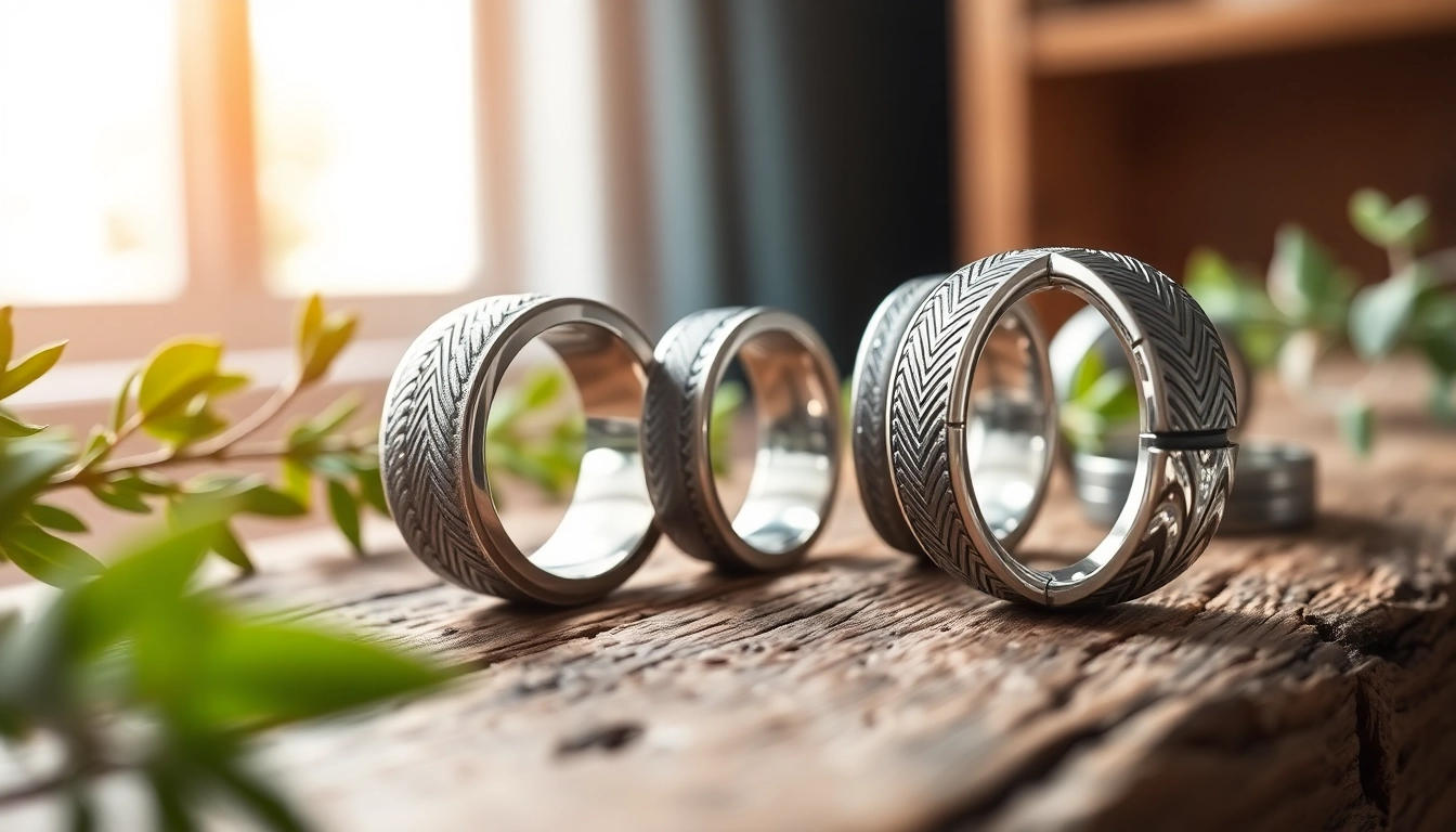Tungsten rings featuring intricate designs displayed on a wooden surface with natural lighting.