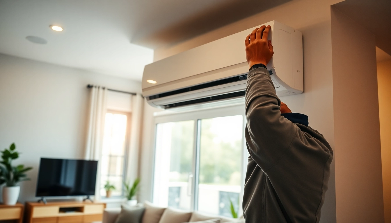 Technician performing ductless mini-split installation in a modern home setting, showcasing precision and expertise.