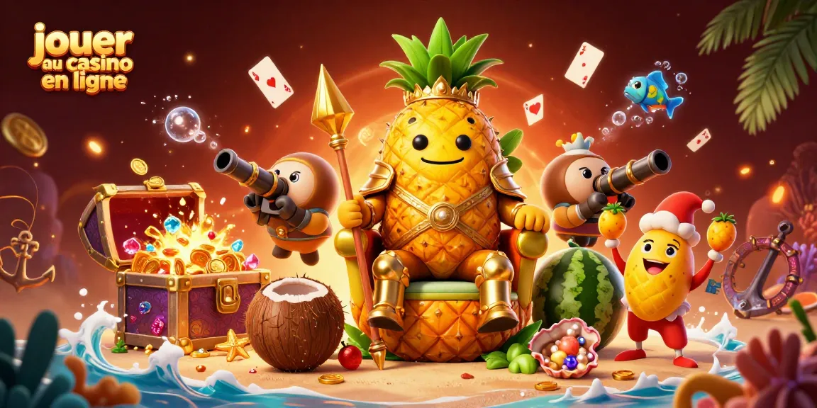 Jouer au casino en ligne avec le roi ananas, armé de trésors sous-marins et de jeux de cartes.