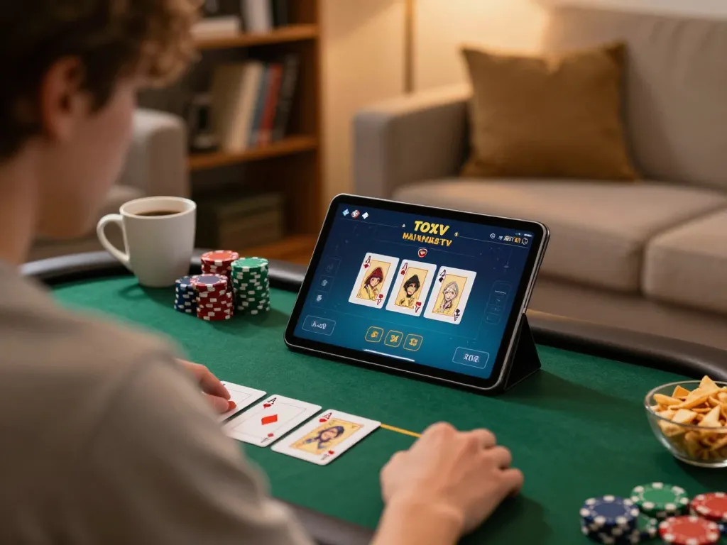 Player engaged in online poker at home using 789bet, showcasing game interface on tablet.