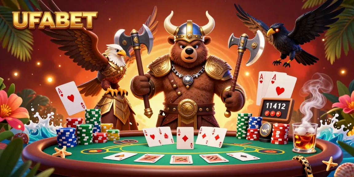 Engage with UFABET's thrilling poker action featuring vibrant characters and casino elements.