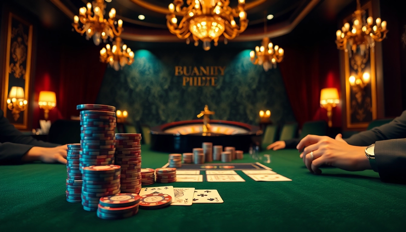 Une scène de poker dynamique mettant en scène des joueurs en action dans un casino fiable en ligne avec des jetons empilés et des cartes élégantes.