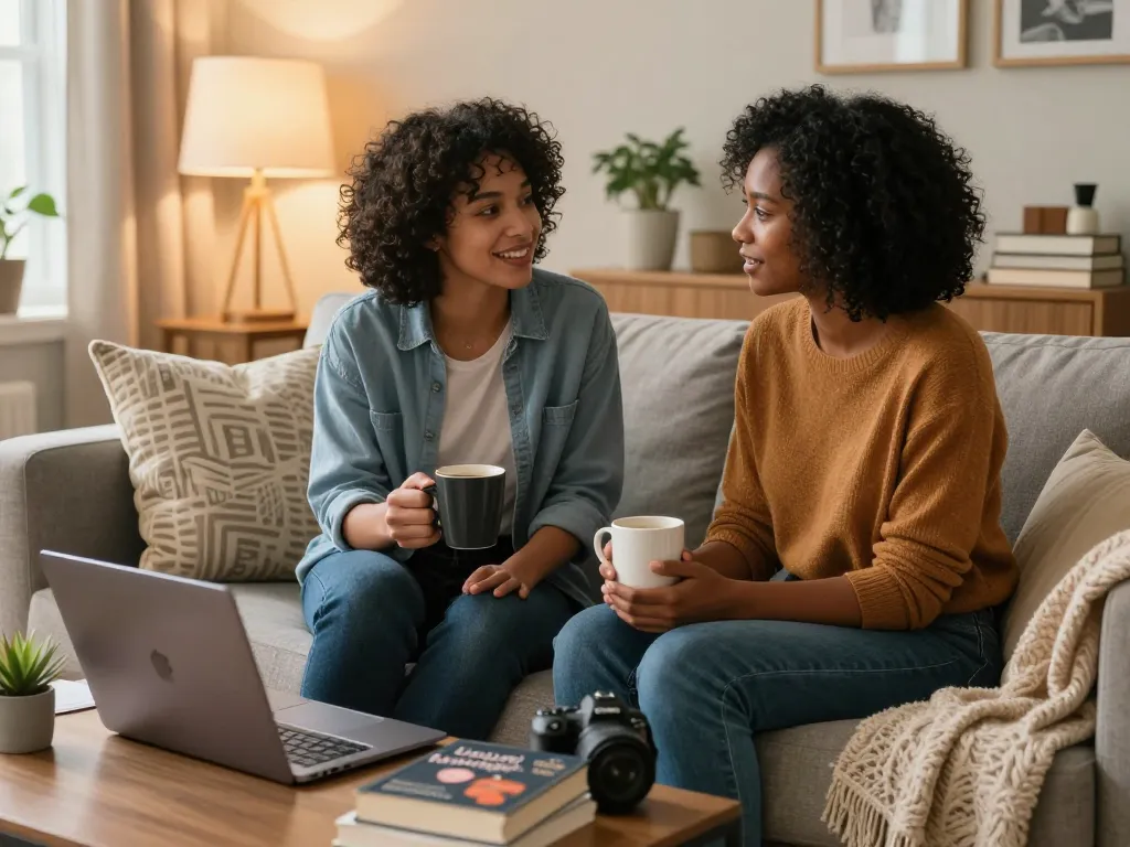 Couple discussing relationship goals with resources on ia +18 communication in cozy home