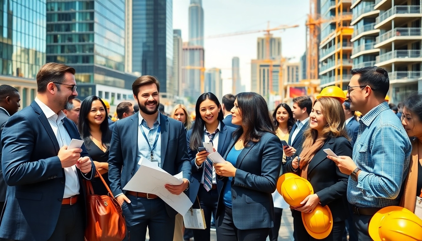 Engaged professionals at construction networking events exchanging ideas in a vibrant urban setting.