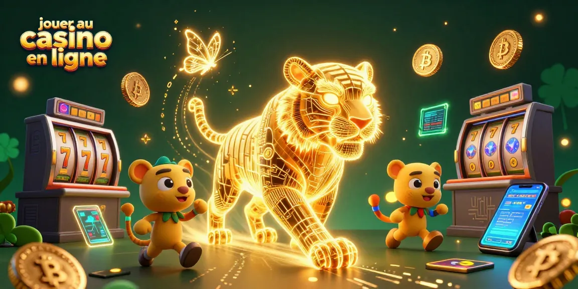 Jouer au casino en ligne : Illustration animée d'un tigre en filaire doré dans un paysage de casino numérique.