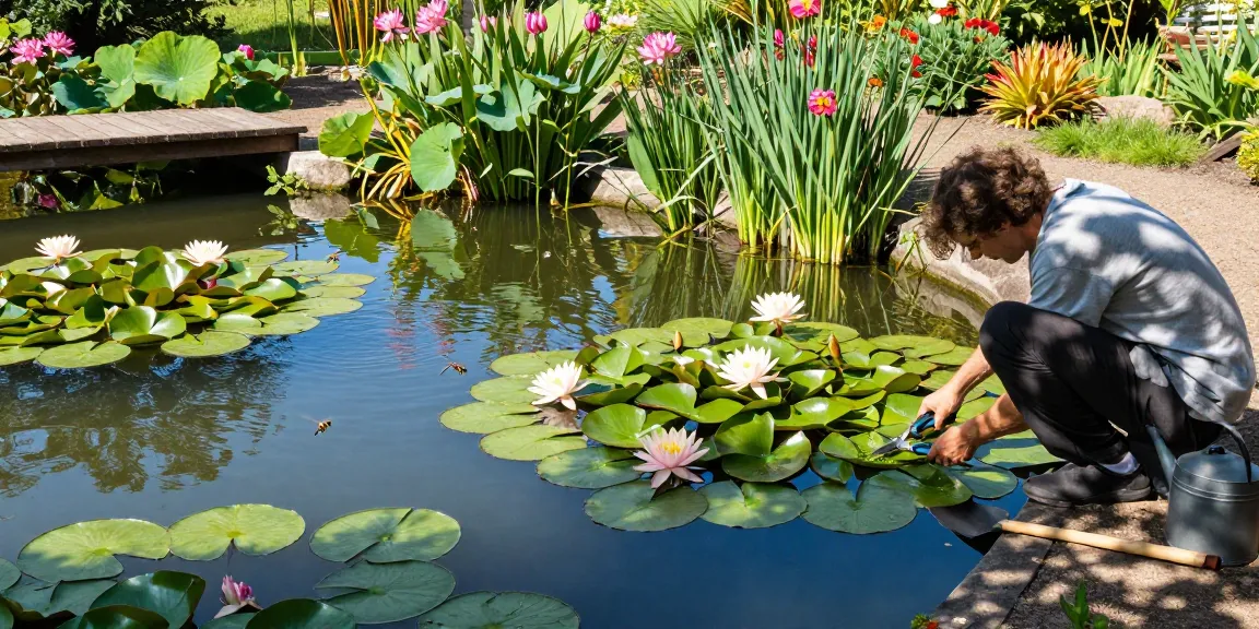Water Lilies beautifully floating on a serene pond, gardener pruning lily pads, tranquil garden atmosphere