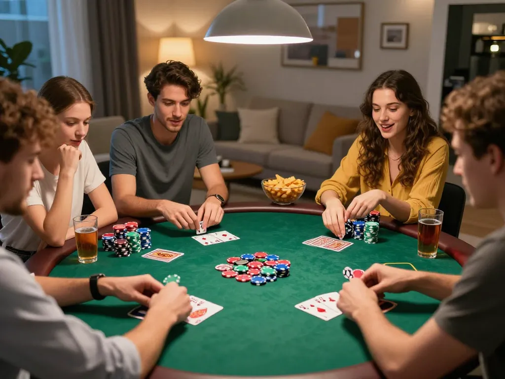 Friends enjoy a lively poker night at home, featuring hitclubapk and vibrant gameplay moments around the table.