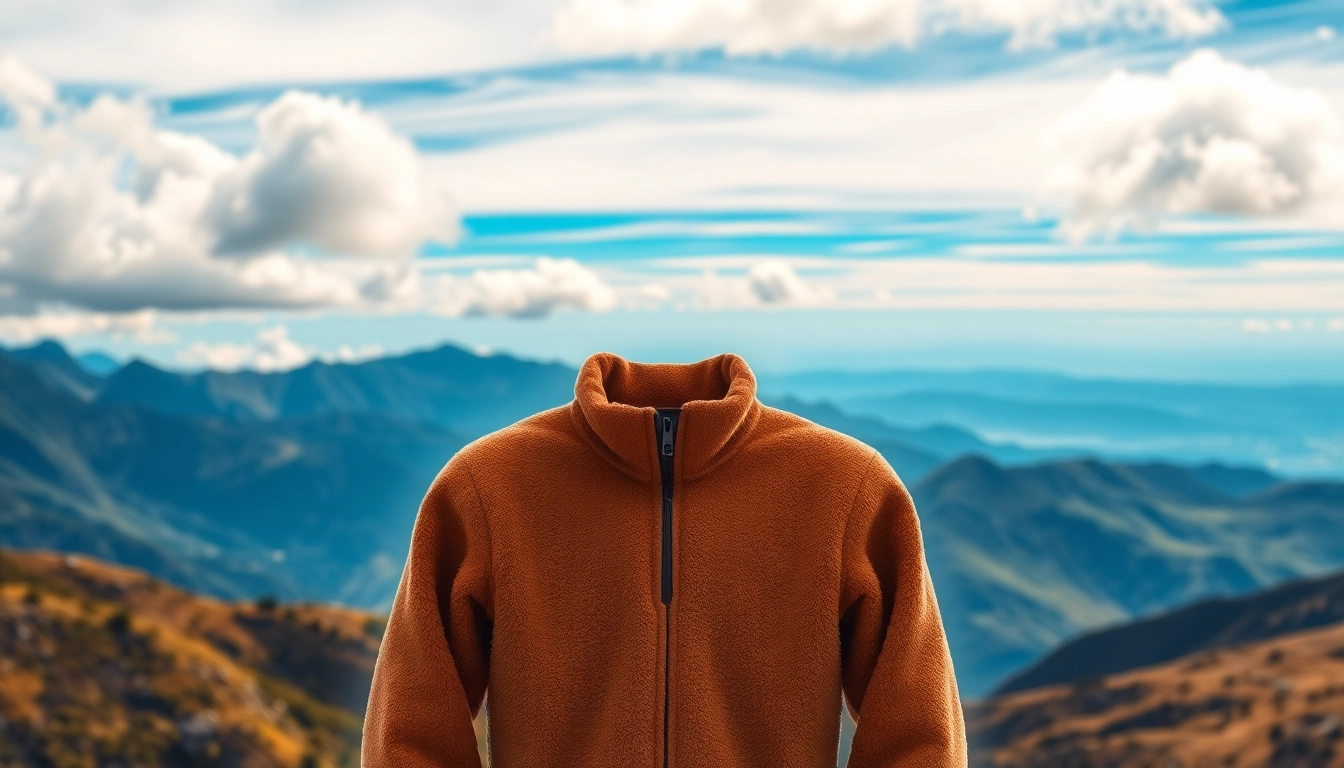 Een fleece jas gepositioneerd in de natuur met een indrukwekkend uitzicht.
