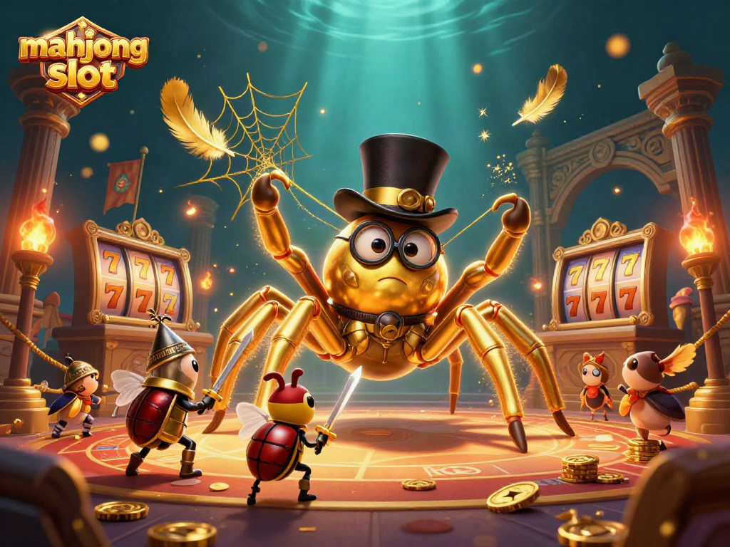 Engage with mahjong slot action, featuring a golden tarantula creating a web amidst vibrant casino elements.