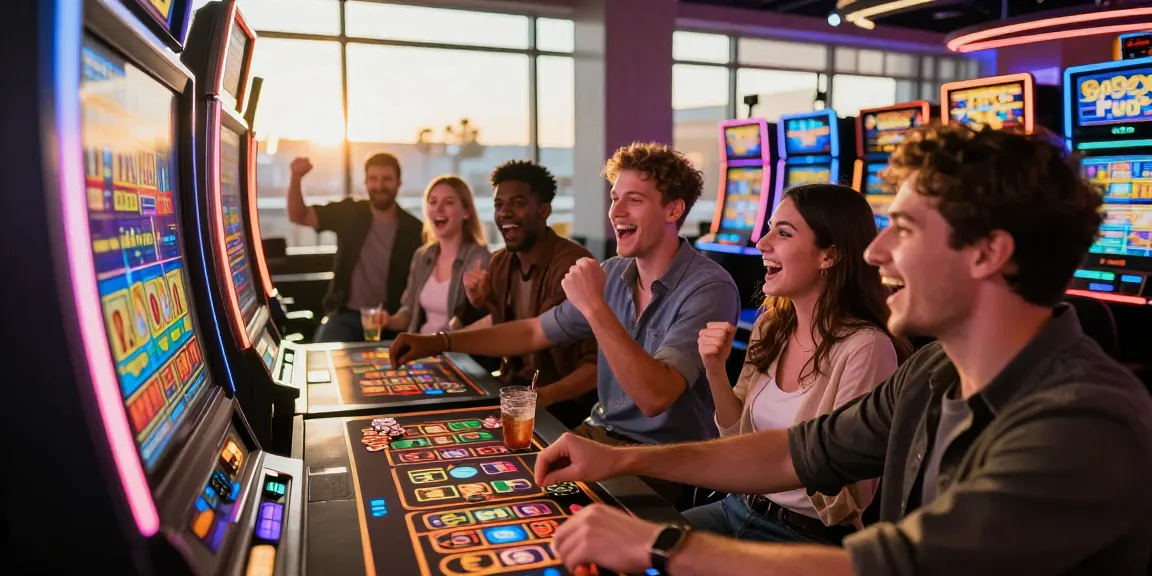Players enjoying slot server luar negeri at a lively casino, surrounded by colorful graphics and gaming excitement.