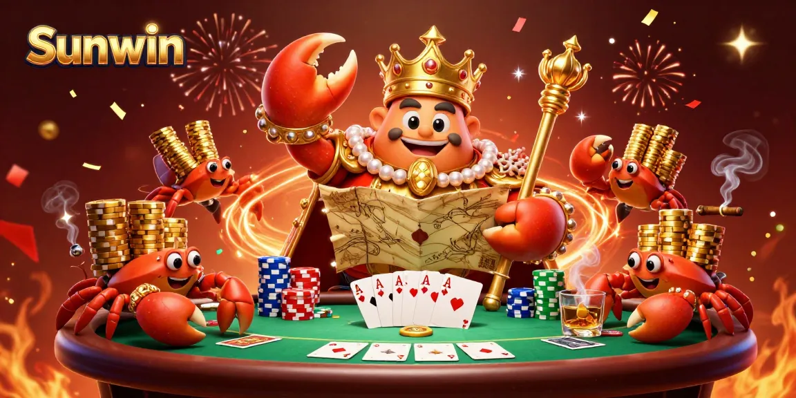 Sunwin gaming platform brings a vibrant poker scene with a golden crab emperor amidst colorful chips.