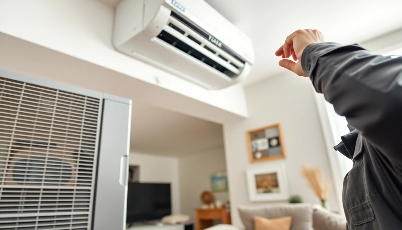 Technician demonstrating Trane Alberta HVAC system installation in a modern home.