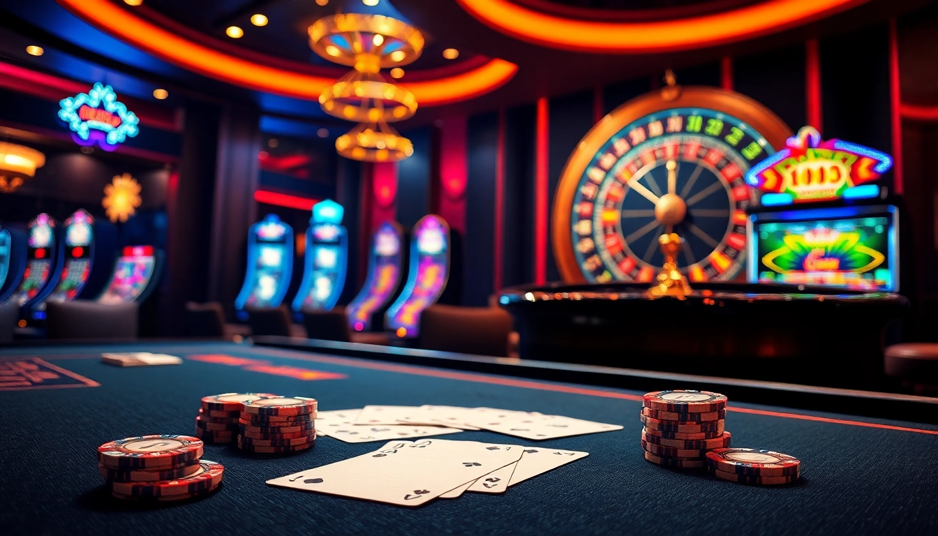 Engaging casino experience with 88clb poker table, roulette wheel, and vibrant slot machines.